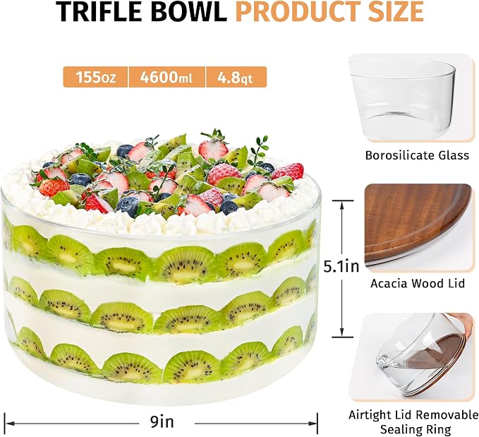 155 Oz Large Glass Trifle Bowl, Glass Salad Bowl with Acacia Wood Lid, Premium Serving Bowls for Cake, Salad, Fruit, Baking, Dessert, Meal Prep, Storing, Microwave & Oven Safe, BPA Free