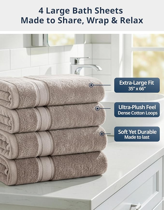 LANE LINEN Extra Large Bath Towels - Zero Twist - Set of 4 Pack (35" x 66" Cotton Towels - Zero Twist Cotton for Long-Lasting fluffiness Always Prepared for Overnight Guests - Platinum