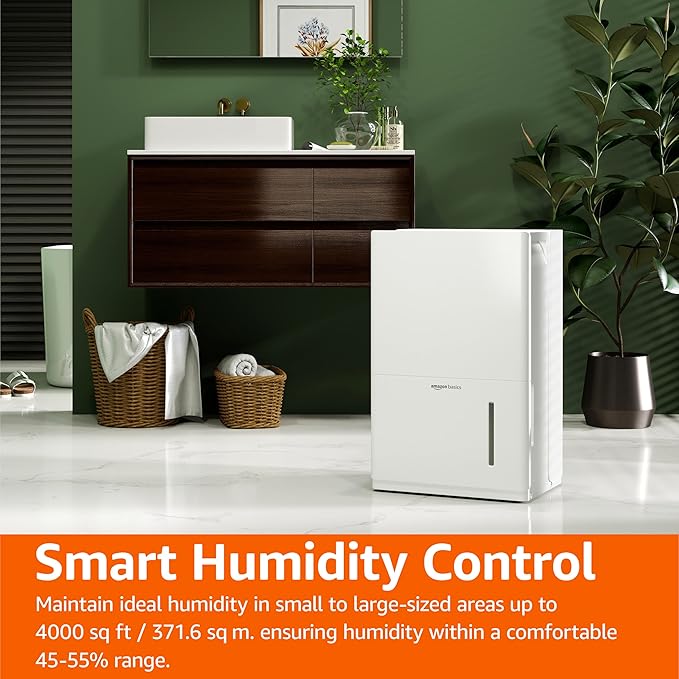 Amazon Basics 50-Pint Large Dehumidifier with Pump, Energy Star Certified, Humidity Control, Auto-Defrost, Timer, Overflow Protection for Rooms up to 4000 SFT, White