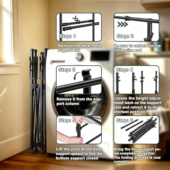 Foldable Collapsible Rolling Clothes Drying Rack,Adjustable Double Rods Laundry Airer(33.1–56.7"),Carbon Steel Pipe Standing Garment Rack for Indoor Outdoor Laundry Room (Black, B)