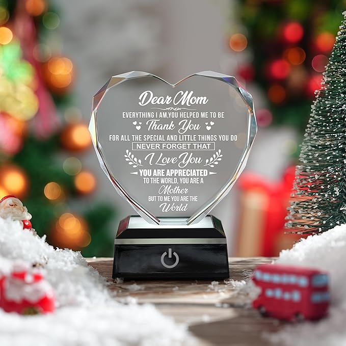 ZHSHWAT Crystal Heart Keepsake with Color-Changing LED Base for Mom Engraved Dear Mom Gift from DaughterSon Birthday, Mother's Day, Christmas, Anniversary Presents for Her