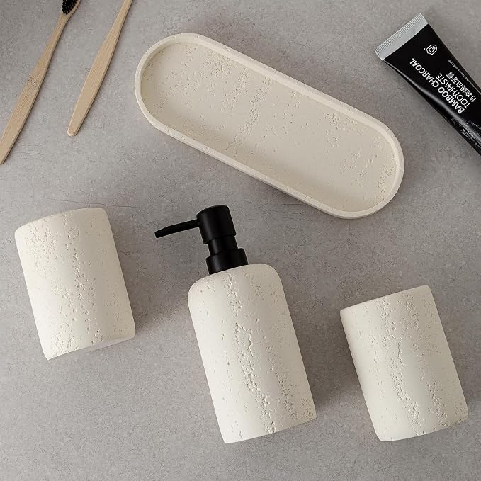 Bathroom Accessories Set,4 PCS Travertine Stone Look Collection,Cream | Modern Bath Organizer with 13.53 OZ Soap Dispenser, Toothbrush Holder, Tumbler, Vanity Tray for Countertop Kitchen Sink