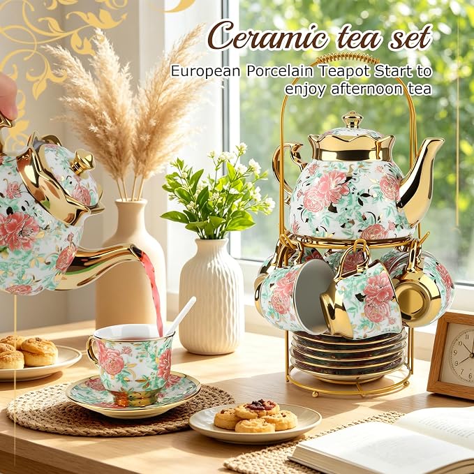 20 Piece Porcelain Tea Set with Metal Holder European Floral Pattern Tea Pot Tea Cup Tea Saucer Teaspoon for Women Adult Tea Party Large Version