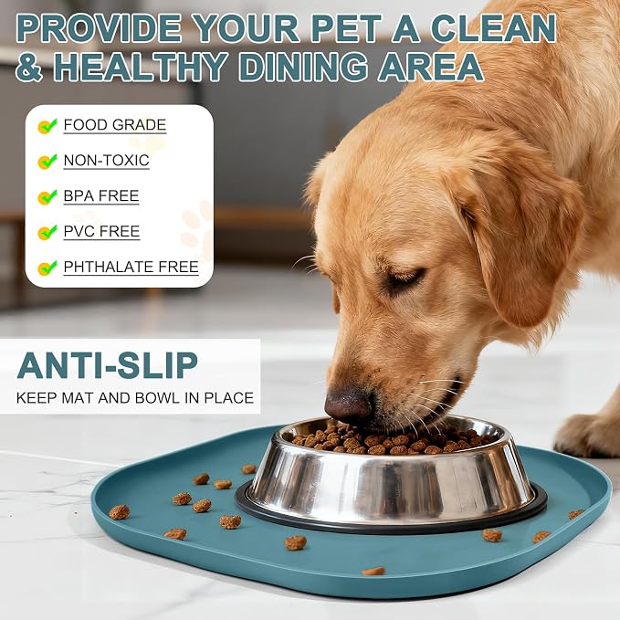 SMILOOL Waterproof Silicone Pet Food Mat with Raised Edge for Dog & Cat | 12" x 12" Non-Slip Small Pet Feeding Mats with Lip for Food & Water Bowl, Food Grade, Easy Cleaning, Salte Blue