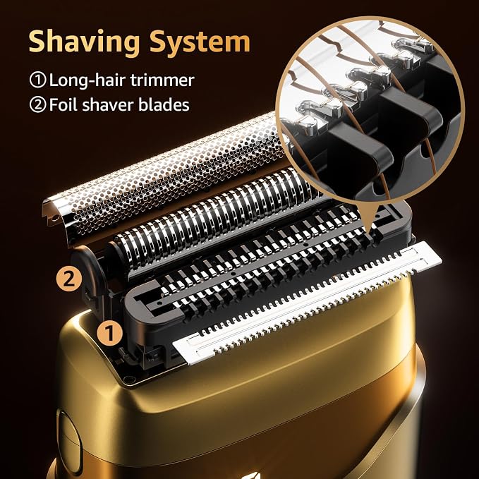 Mbzoey Electric Foil Shavers for Men: IPX7 Waterproof - Light Gold | Mini Razor for Travel- Face Shaver with LED Display & USB-C Fast Charge - Micro-Comb Technology & Precision Blades