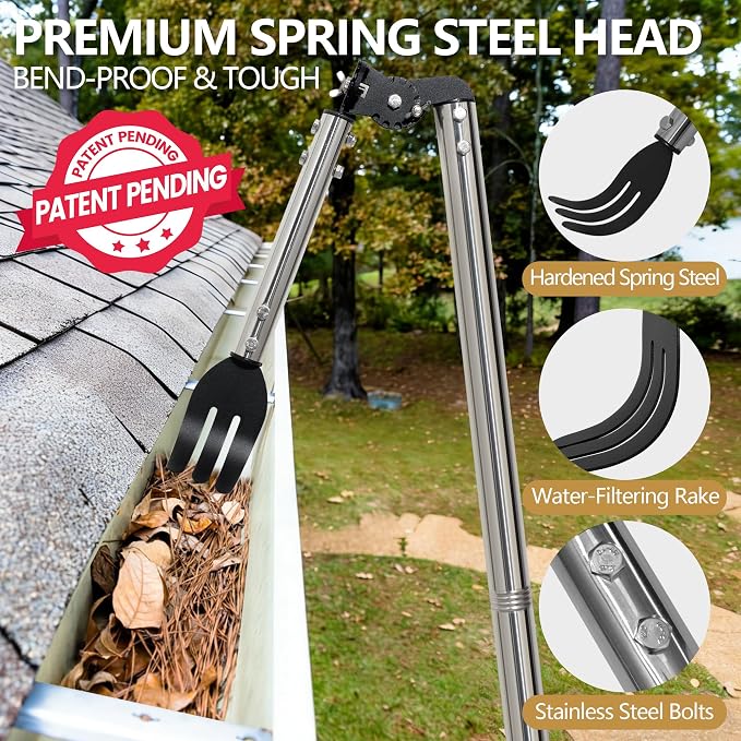 12FT Gutter Cleaning Tools from the Ground with Dual-Axis Adjustment | Spring Steel Gutter Cleaner Tool, Adjustable Length Cleaning Pole with Gutter Rake for Leaves, Muck and Roof Debris