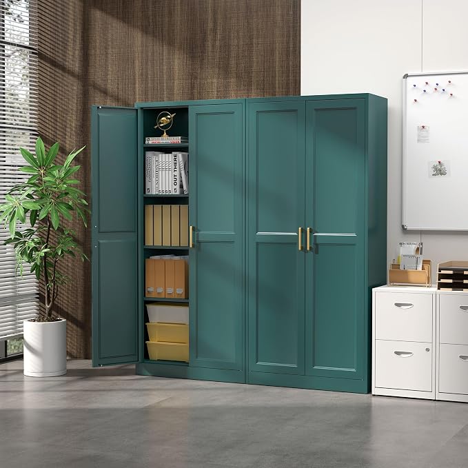Steeloong 71"Metal Pantry Storage Cabinet with Doors & 4 Adjustable Shelves | Kitchen Pantry Cabinet,Green Kitchen Cabinet with 2 Gold Handles,Tall Cabinet for Livingroom,Pantry, Bathroom,Kitchen