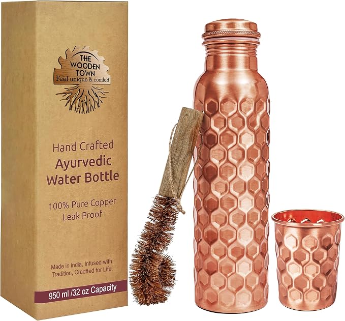 100% Pure Copper Water Bottle for Drinking, 32 Oz Large Diamond Ayurvedic Copper Bottle with Cleaning Brush, Leak-Proof Water Vessel_Diamond with Glass