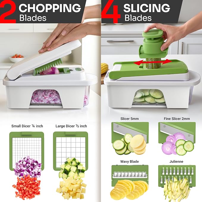 MUELLER HOME Pro-Series All-in-One, 12 Blade Mandoline Slicer for Kitchen, Food Chopper, Cucumber Slicer and Spiralizer, Cutter, Dicer, Grater, Gifts for Mom, Kitchen Essentials, White Sand/Green