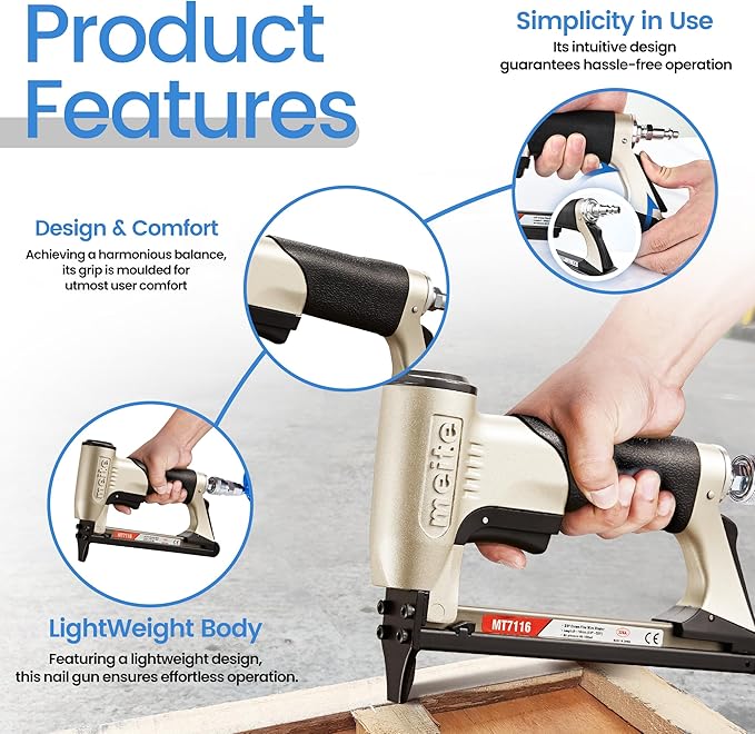 meite MT7116 Pneumatic Staple Gun, 22 Gauge 71 Series 3/8-Inch Crown 1/4-Inch to 5/8-Inch Length Air Upholstery Stapler Gun