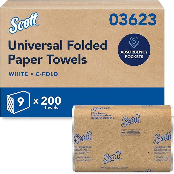 Scott Professional C-Fold Paper Hand Towels, Bulk, 9 x 200 Sheets (03623) | Universal, Standard Tier, Absorbency Pockets, White, Compatible with Universal Folded Towel Dispensers