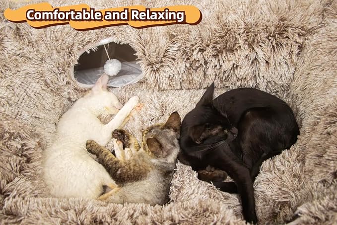 XxingSheep 4 Cave Shuttled XL Cat Tunnel Bed for Indoor Cats Peekaboo Toy Donut with Warm Mat, Yellow-Brown