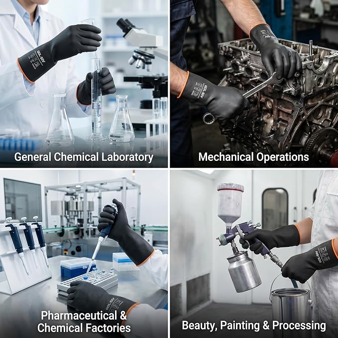Industrial Chemical Resistant Work Gloves, 14 Inch Heavy Duty Black Latex PPE, Waterproof Acid/Alkali Proof with Non-Slip Grip for Janitorial & Cement Mixing, 2 Pairs