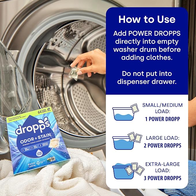 Dropps Odor & Stain Laundry Detergent Pods, Orange Blossom (64 Count) - Powerful Laundry Pods | Complete Clean Laundry Soap | Fights Odors & Stains | Clean Ingredients | Plastic Free Packaging