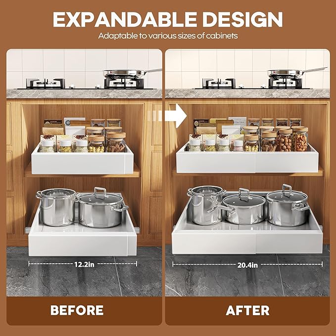 Seinloes 2 Pack Expandable Pull Out Cabinet Organizer 16.5"Deep with Raising Pad for Framed Cabinets,Upgrade 3 Slide Rails Slide Out Drawers,Roll Out Shelves Adhesive,Adjustable Width 12.2"-20.4"White