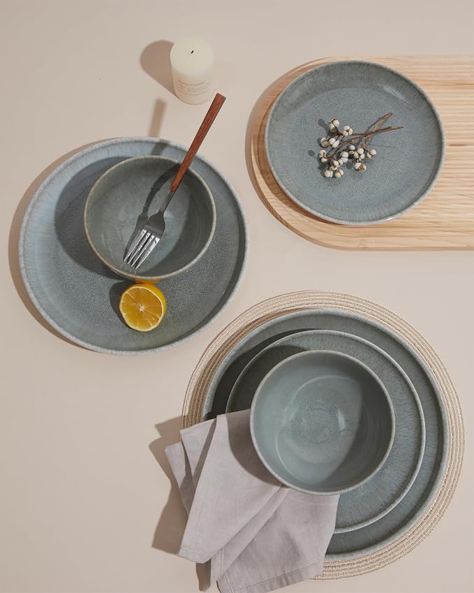 Pokini 16 Piece Double Bowl Dinnerware Sets, Stain Resistant Dish Set with Pasta Bowls, Easy Cleaning Dishes, Multi-Functional Plate and Bowl, Stack Compactly Plate Set, Service for 4