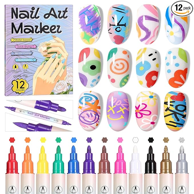 SAVILAND 12 Colors Nail Polish Pens Set: 20s Quick-Drying Dual-Tip Acrylic Paint Nail Art Pens Fine Tip for Painting Nails, Drawing Dots, Lines & Designs, Home DIY Nails Art Supplies