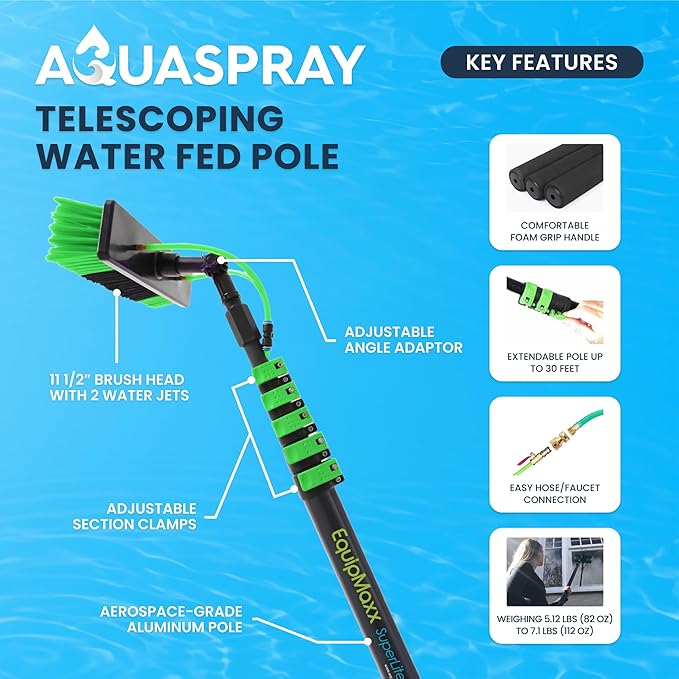 30 Feet Reach Solar Panel Cleaning Brush & Pole Water Fed Pole Kit, Window Cleaner Window Glass Solar Panel Cleaning System Washing Equipment Tool Solution Scrubber Brush & Hose Spray Washer