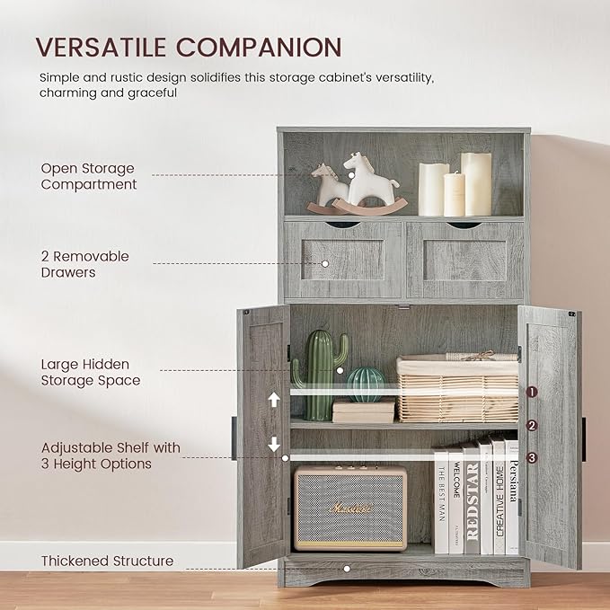 Iwell Storage Cabinet with 2 Drawers & 2 Adjustable Shelves | Kitchen Cabinet, Cupboard, for Living Room, Kitchen, Entryway, Home Office, Grey