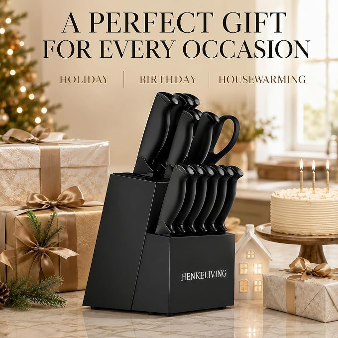 14-Piece Black Kitchen Knife Block Set with Built-In Sharpener | German high-carbon stainless steel blades, dishwasher safe, ultra-sharp edges, ergonomic non-slip handles