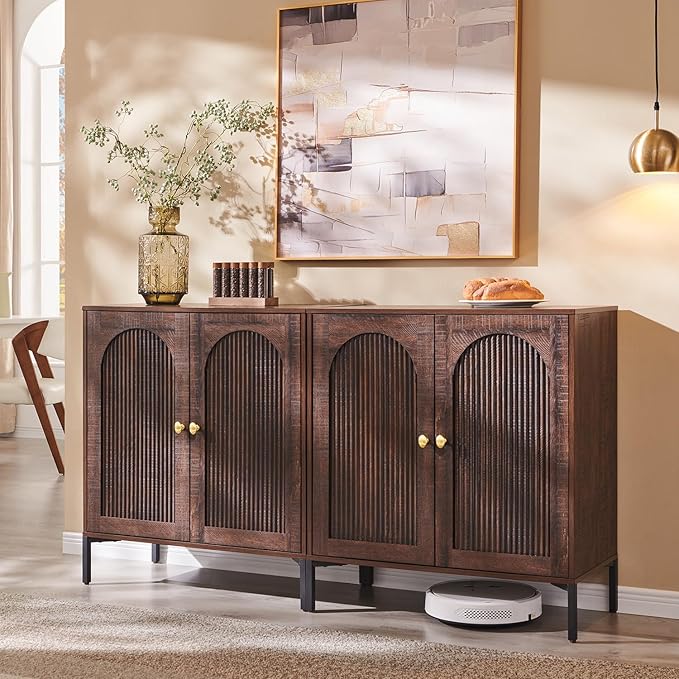 IFGET 61.75" W Modern Arched Sideboard Buffet Cabinet with Storage, Brown | Fluted Arch Sideboard Cabinet w/Adjustable Shelves, Wooden Modular Kitchen Cabinet for Dining& Living Room, Entryway
