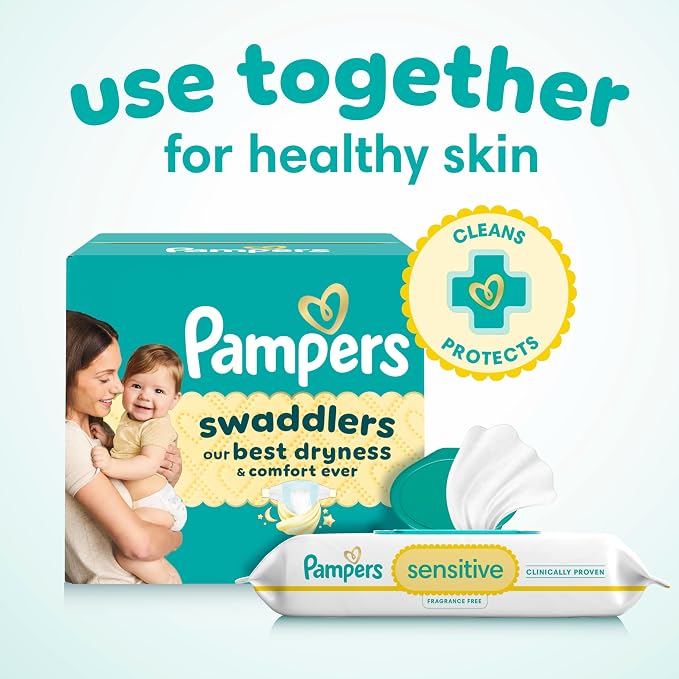 Pampers Sensitive Baby Wipes, Clinically Proven, Fragrance Free, Unscented, Water Based, Hypoallergenic, Multi-Use, Hand Wipes 1008 Wipes Total (18X Flip-Top Packs) [Packaging May Vary]