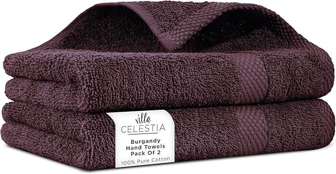 Villa Celestia Cotton Hand Towels Set of 2, 16 x 28, Oeko-TEX Certified, Quick Dry, Burgandy