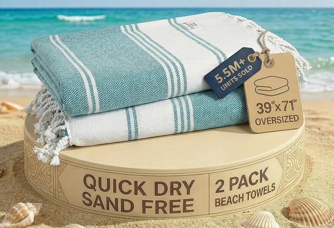 LANE LINEN Turkish Beach Towels, 2 Pack Extra Large Beach Towel - Baltic | Pre-Washed for Soft Feel - Oversized Sand Free Quick-Dry Pool Towel - 39"x71", Vacation Essential, Machine Washable