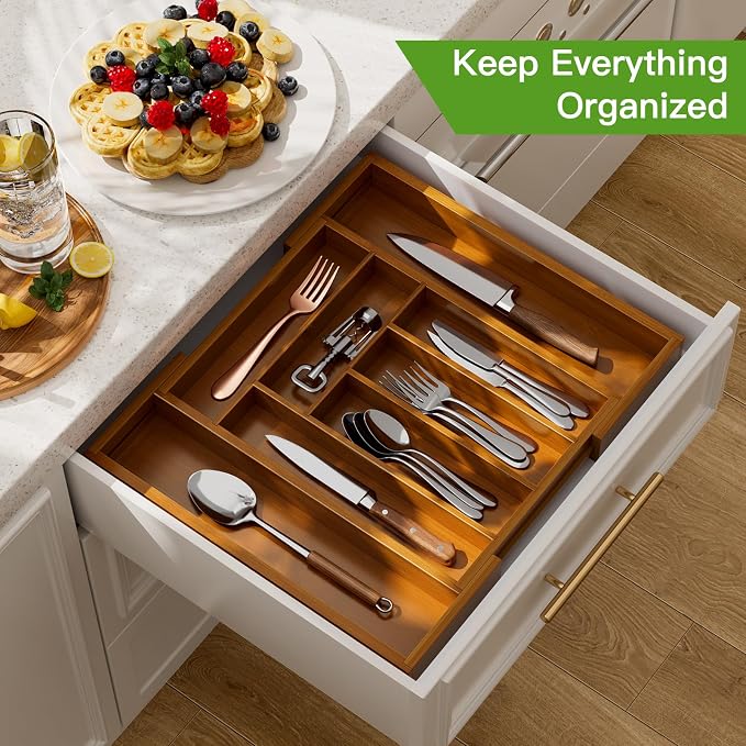 Pipishell Bamboo Expandable Drawer Organizer for Utensils Holder, Adjustable Silverware Organizer Cutlery Tray, Drawer Dividers for Utensils, Flatware, Knives in Kitchen, Bedroom, Living Room Brown