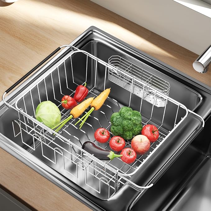Fanbsy Dish Drying Rack in Sink, Extendable Stainless Steel Dish Drainers for Kitchen Counter, Anti-Rust Dish Dryer Rack with Utensil & Cup Holders, for Inside Sink, Over The Sink
