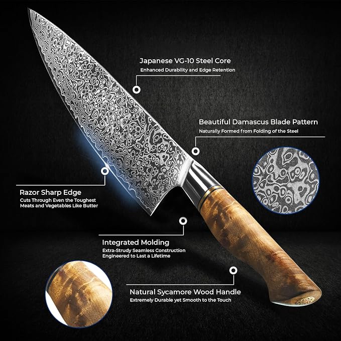 SENKEN 7-Piece Damascus Kitchen Knife Set - Dynasty Collection - 67-Layer Japanese VG10 Steel with Sycamore Wood Handles, Chef's Knife, Cleaver, Bread, Santoku, Boning, & More