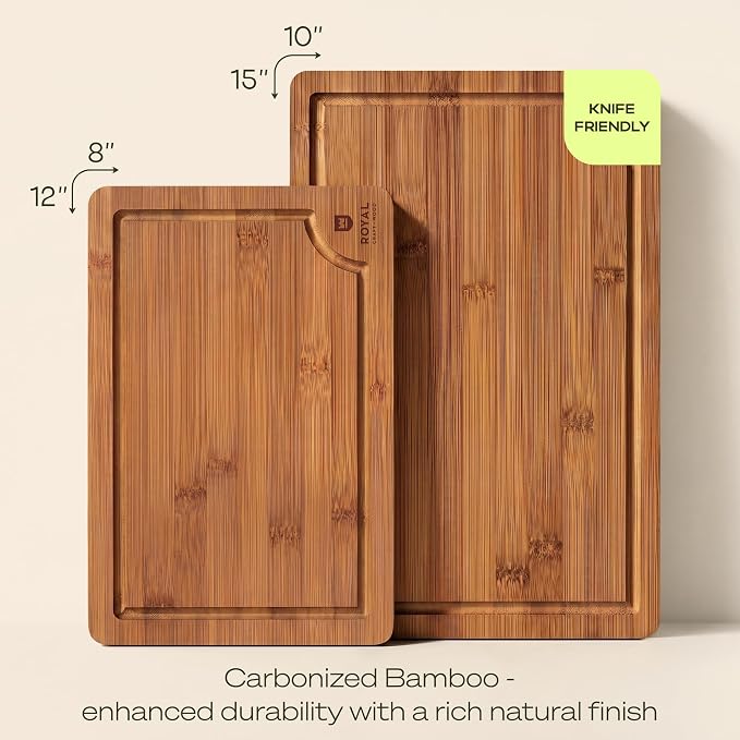 ROYAL CRAFT WOOD Wooden Cutting Boards for Kitchen Meal Prep & Serving - Bamboo Non Toxic Cutting Board Set with Deep Juice Groove Side Handles - Charcuterie & Chopping Butcher Block for Meat (2 Pcs)