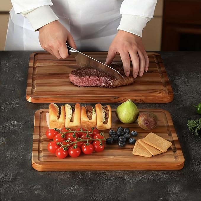 2 Pack Teak Cutting Board Wood Wooden Cutting Boards For Kitchen | Natural Non-toxic Teak Wood, Juice Groove Design, Slip Over Sink, Thoughtful Gift For Holiday Bridal Shower