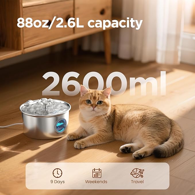 Pet Water Fountain Stainless Steel: Cat Fountain with 8 Filters & 8 Sponges | 88oz/2.6L Pet Fountain for Cats Indoor - Quiet Cats Dispenser - Cats Feeding & Watering Supplies - Gifts for Small Animals