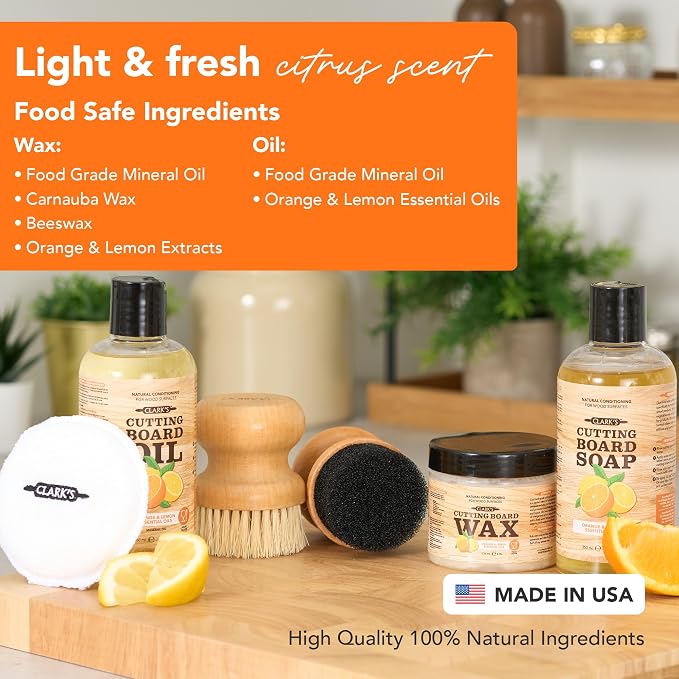 CLARK'S Food Grade Cutting Board Full Care Kit, Orange Lemon Scent - 6 Pack | Includes Food Grade Mineral Oil, Cutting Board Wax & Cleaner, Oil & Wax Applicators, Buffing Pads - Restores & Protects