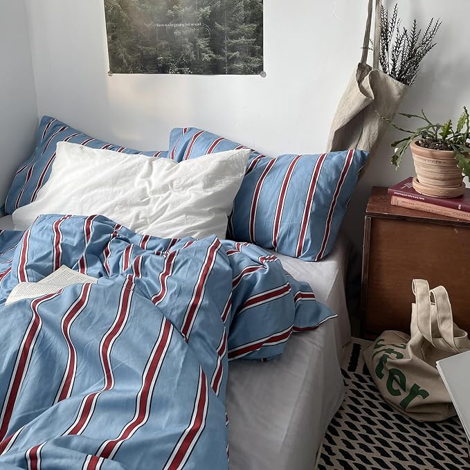 mixinni Vintage Striped Blue Duvet Cover Twin XL - 100% Cotton Red Stripes 3-Piece Bedding Duvet Cover Set with Zipper Closure, Soft & Breathable Retro Design for All Seasons (Twin XL Size)