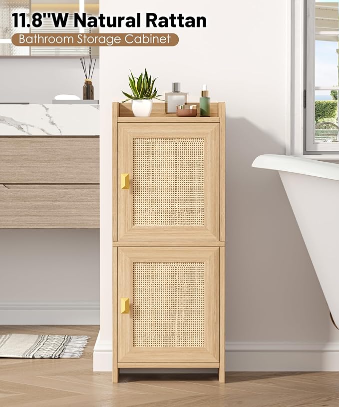 Akxomel Rattan Small Bathroom Cabinet Narrow Toilet Paper Organizer Oak | 7.9''D x 11.8''W Bathroom Organizer and Storage Cabinet for Small Space, Slim Corner Unit with Adjustable Shelf