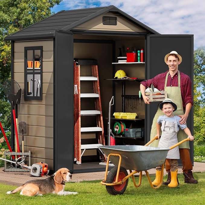 DWVO 6x4 FT Storage Shed Plastic with Floor, Outdoor Storage Shed with Lockable Door, Window and Vents, Waterproof Garden Tool Shed for Patio, Backyard, Lawn