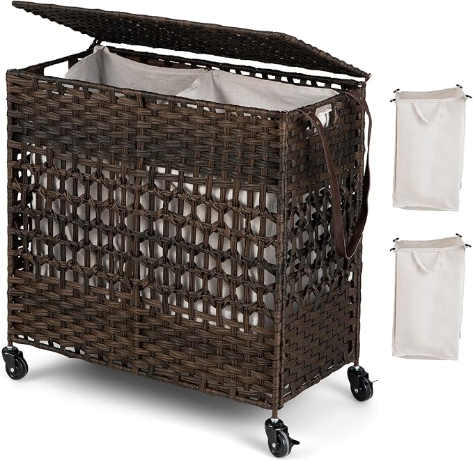 Giantex Laundry Hamper with Wheels and Lid, 33 Gal (125L) Wicker Laundry Basket, 2 Removable Liner Bags, Handles and Pulling Strap, Synthetic Rattan Rolling Laundry Hamper Clothes Storage