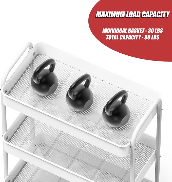 Simple Houseware 26" Extra-Wide 3-Tier Heavy Duty Metal Utility Cart, White | High-Capacity Rolling Cart Organizer for Spa, Salon, Office, and Home Storage