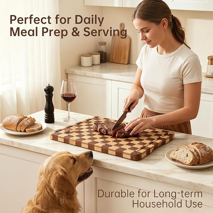 Cutting Boards for Kitchen, Checkered Wooden Chopping Board Structural Upgraded, Walnut Cutting Board with Juice Grooves & Handles, Butcher Block Serving Tray with Gift Box, 17"X 12"X 0.8"