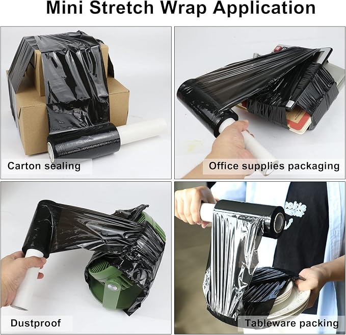BOMEI PACK 6 Pack Industrial Black Mini Stretch Wrap Roll with Handle, 5" x 1000Feet 80 Gauge for Heavy Duty, Durable Self-Adhering Plastic Wrap for Packing, Moving