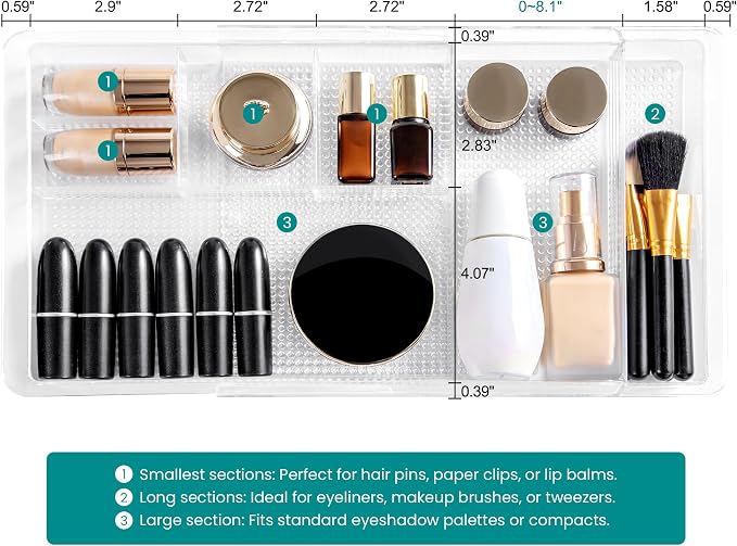 Oubonun Expandable Drawer Organizer 11.1” to 19.2” Width, Shallow Cosmetic Organizer 1.3” Height, 4 Packs, Clear Plastic Storage Trays for Dressing Table,Bathroom