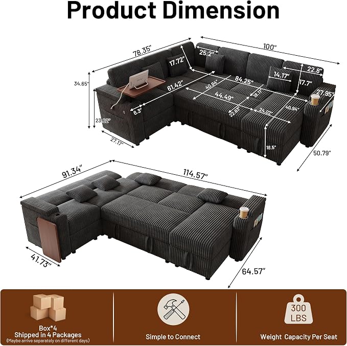 L-Shaped Sectional Sleeper Sofa with Pull Out Bed, Dark Grey | Plush Corduroy, Reclining Backrest, Storage Chaise, Usb Ports, Cup Holders & Table – Modular Cloud Couch for Living Room