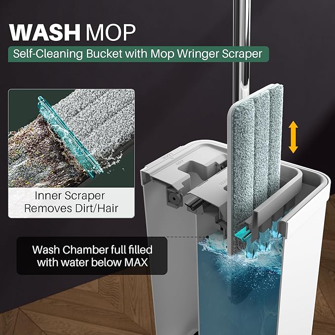 JOYMOOP Mop and Bucket Set, Commercial & Household Use, Flat Mops for Floor Cleaning, Wall Mop Cleaner with Long Handle, Hardwood Floor Mop with 6 Microfiber Pads