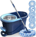 Spin Mop and Bucket with Wringer Set, 360° Rotating Microfiber Mop, Adjustable Handle, Hands-Free Wringing, Reusable Mop Heads (Light Blue mop and Bucket + 5 mop Head)