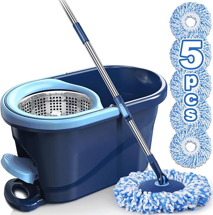 Spin Mop and Bucket with Wringer Set, 360° Rotating Microfiber Mop, Adjustable Handle, Hands-Free Wringing, Reusable Mop Heads (Light Blue mop and Bucket + 5 mop Head)