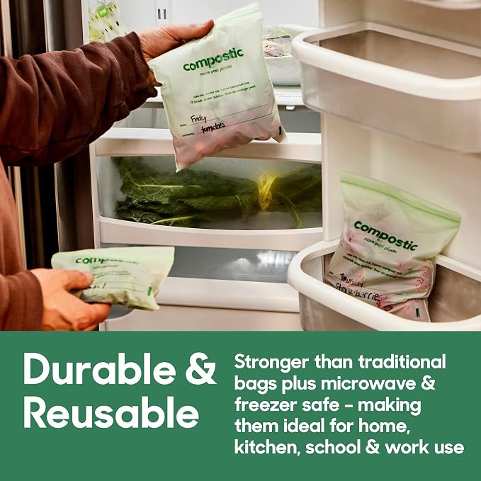 Compostic Compostable Gallon Bags (100 Count) Bulk Pack — Resealable Zip-Seal, Plant-Based, Home Compostable, Freezer Safe, BPA-Free, Non-Toxic, GMO-Free Food Storage Bags
