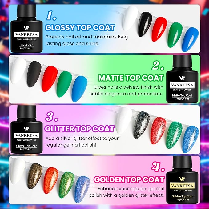 VANREESA 24 Pcs Neon Gel Nail Polish Set -Bright Summer Colors Gel Polish with Base Coat & 4 Effects of Top Coat Bright Yellow Orange Pink Red Green Blue Purple Gel Polish Set Nail Kit Gifts for Women