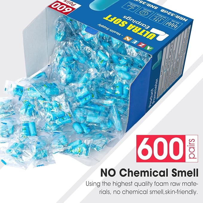 AZEN 600 Pairs Ear Plugs, NRR 32dB Soft Foam Ear Plugs for Sleeping Noise Cancelling, Earplugs for Concerts Shooting Swimming Noise Reduction,Individually Wrapped (Lake Blue)